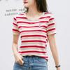 Корейская полосатая хлопковая футболка с короткими рукавами женская летняя повседневная нишевая дизайнерская шикарная свободная футболка с вышитым медведем