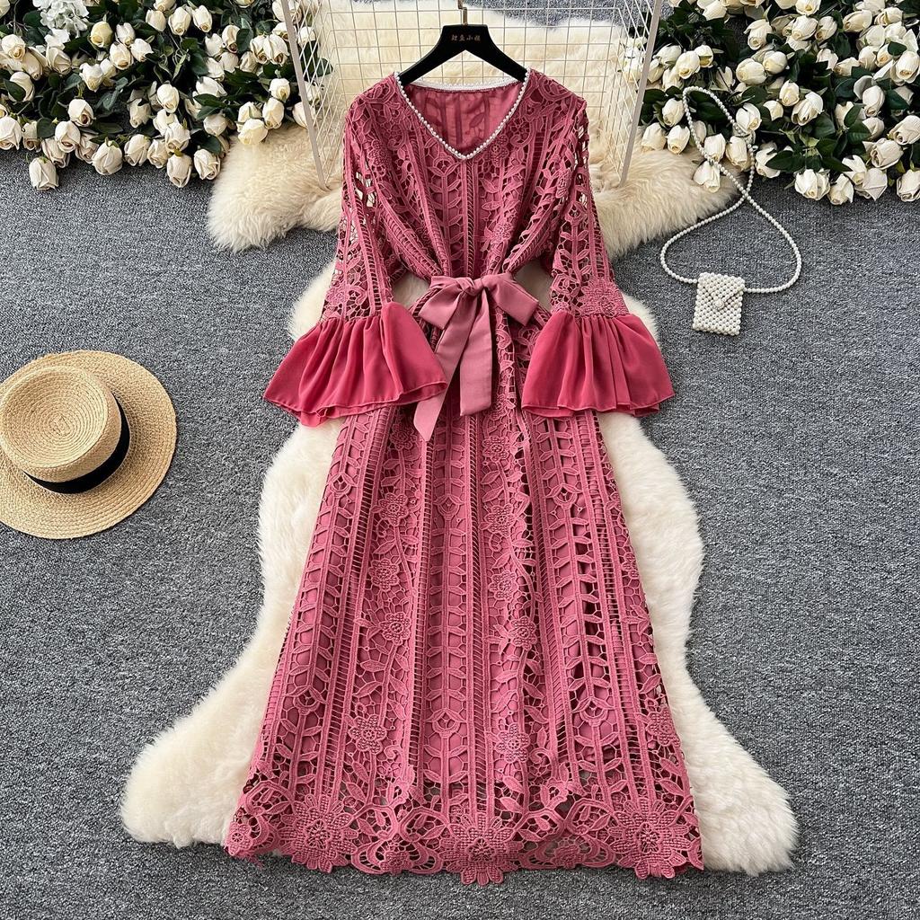 France Vintage Hollow Out Evening Dress Women Sashes V-Neck Flare Sleeve Crochet Elegant Dress Female Casual Chic Clothing