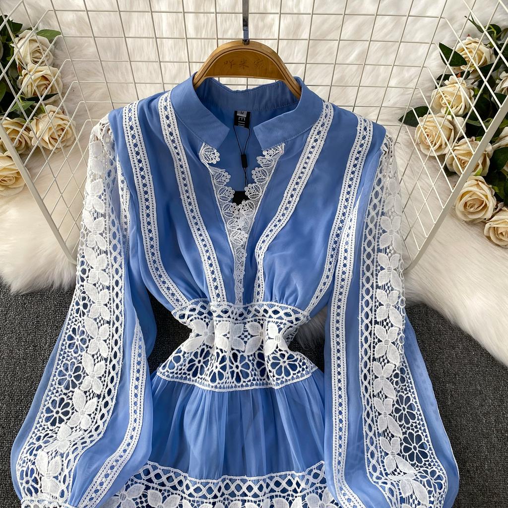 Роскошные Дизайнерские Осенние Вечерние Платья для Выпускного с Ажурной Вышивкой для Женщин, Кружевной Пэчворк, V-образный Вырез, Длинный Рукав-фонарик, Макси-платье