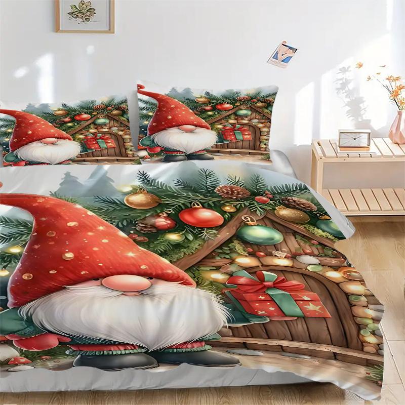 3pcs Christmas Gnome Bedding Set, Includes One Quilt Cover and Two Pillowcases (No Core), Anime Cartoon Design
