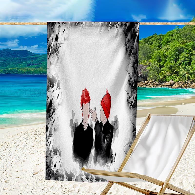 proof beach towel with a Tyler Joseph and Josh Dun pattern - soft,absorbent,quick-drying,machine washable - perfect for swimming,camping,bathing