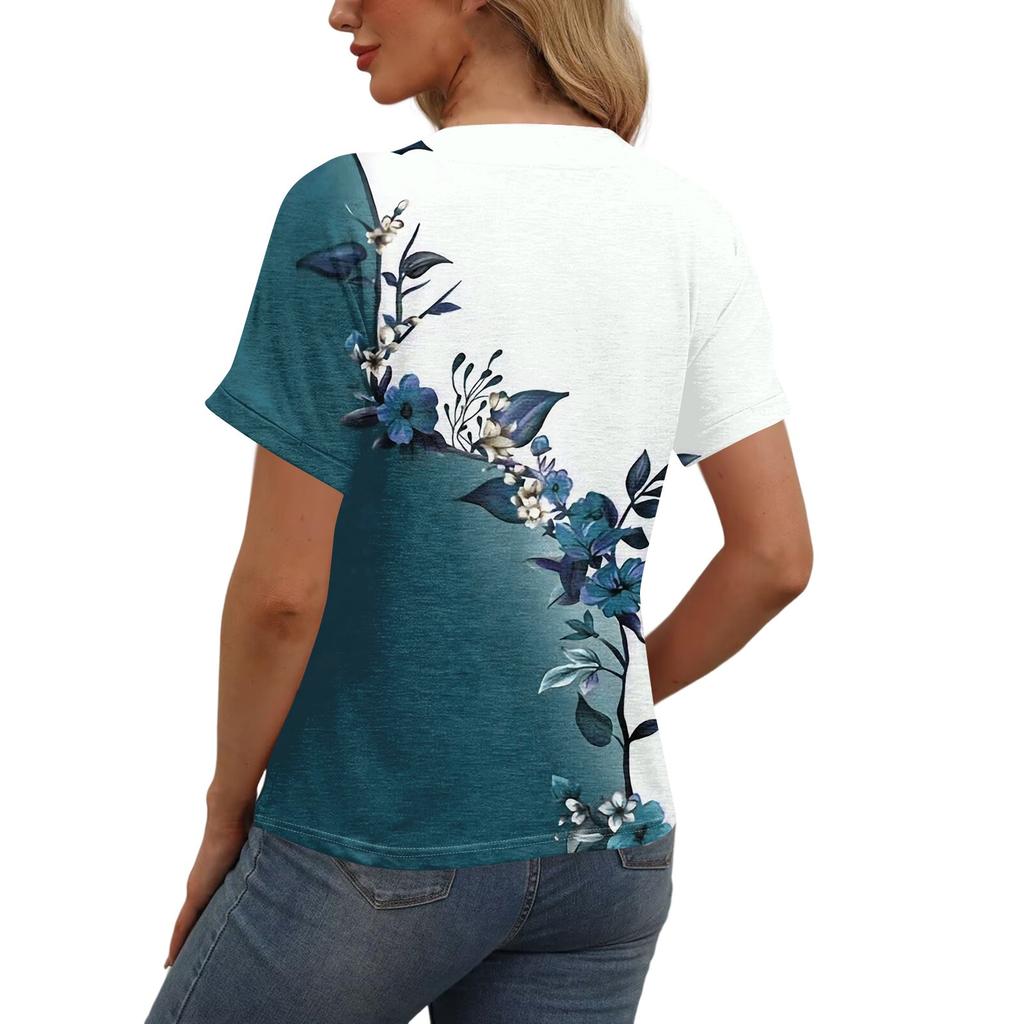 Женская модная повседневная футболка с короткими рукавами и V-образным вырезом, цветочным принтом и застежкой на пуговицы