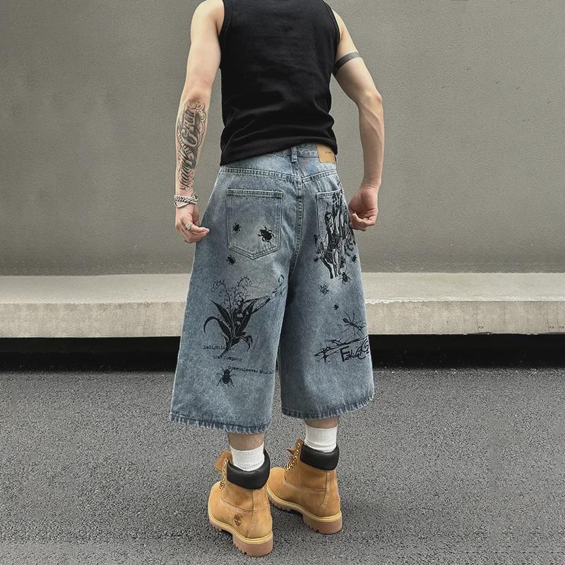 Мужские шорты из денима с ретро-граффити — свободные, прямые, повседневные, летний стиль