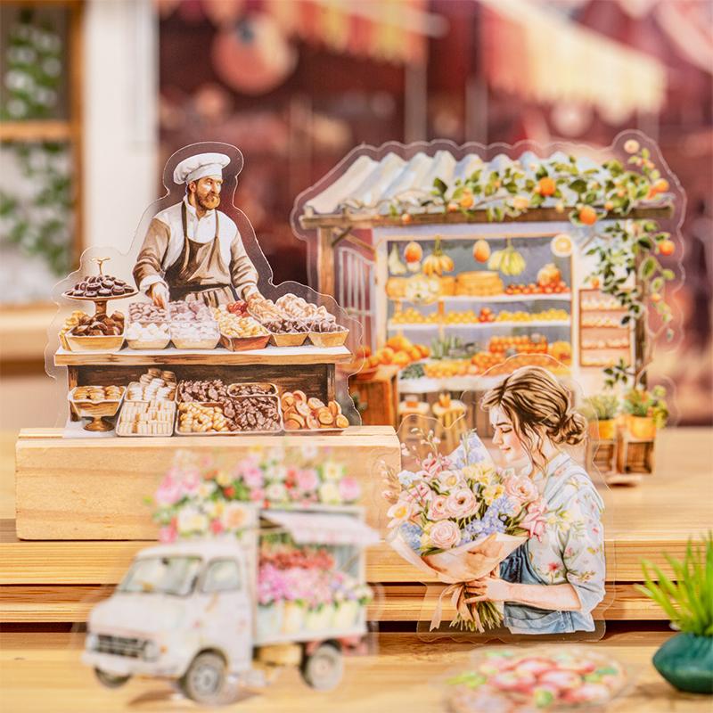 20 листов/пакет Серия «Маленький базар» Наклейки с уличными пейзажами Пейзаж Материал для коллажа для ручного учета Сделай сам Рамка для фотографий Декоративная карточка