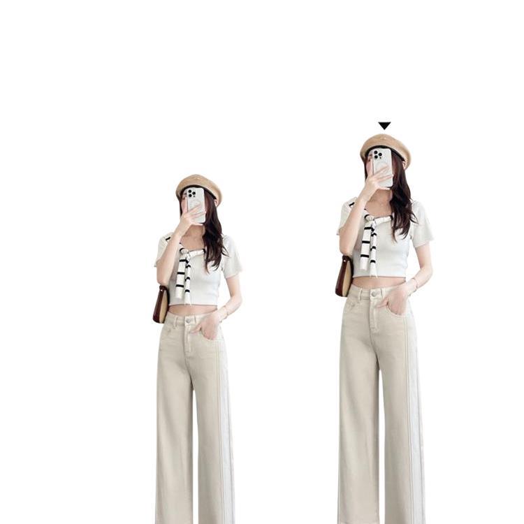 Женские джинсовые брюки широкие из тенсела цвета off-white, Летние 2025, для миниатюрных, эластичные, с пэчворком, прямые из ледяного шелка