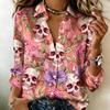 Women Satin Long Sleeve Shirt Halloween Skull Floral Print Blouse Lapel Single Breasted Loose Office Tops