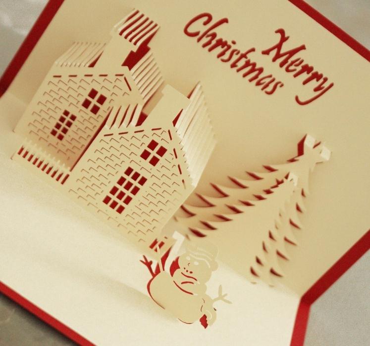 Xiaomi 2026 Red Christmas Castle 3D Laser Cut Pop‑Up Paper Card Hollow Sleigh Handmade Creative Gift Xmas Paper Postcard