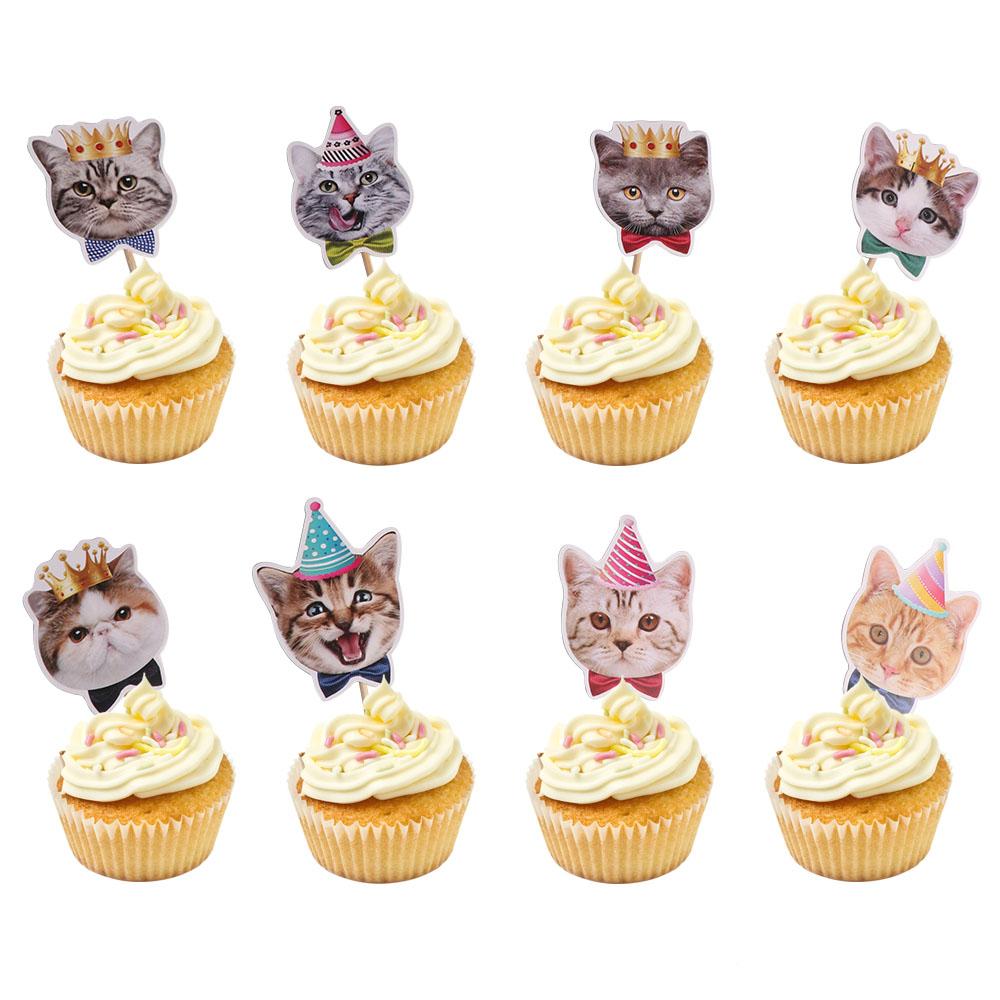 8pcs Cat Theme Supplies Cute Cat Face Insert Card Non Toxic DIY Cat Cupcake Toppers Disposable Single Side Cake Flag Kids