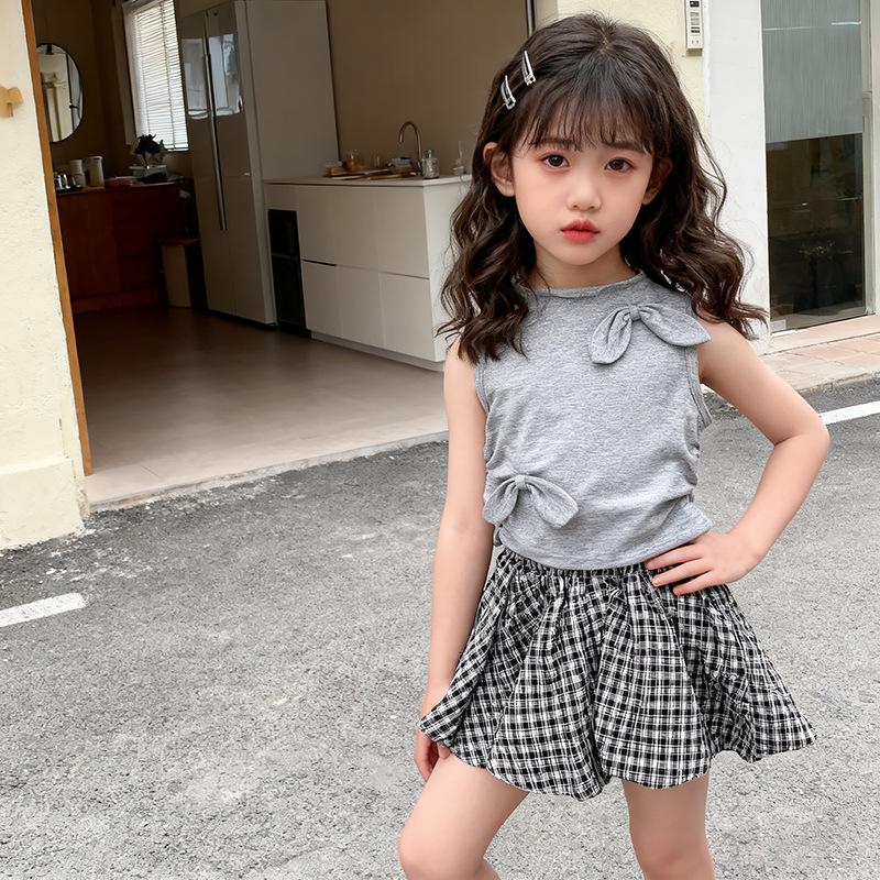 Летний серый жилет и юбка-пачка в горошек для девочек, комплект 2025