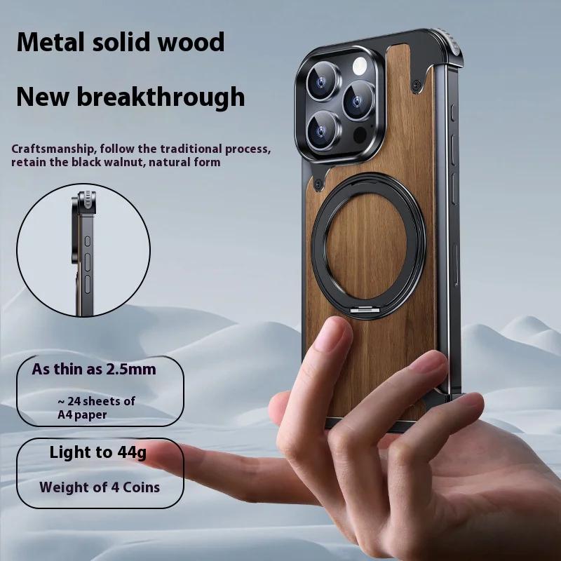 360 ° Rotating Ring Stand Phone Case For iPhone 16 15 14 Pro Max Magsafe Magnetic Stand Walnut Metal Frameless Protective Cover