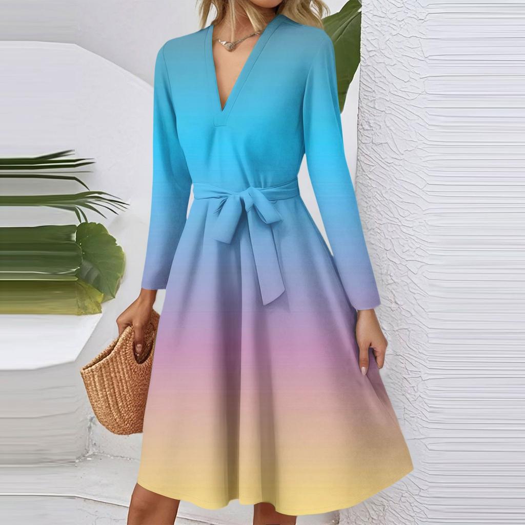 Женское модное повседневное платье миди с V-образным вырезом, длинными рукавами, приталенное, с градиентным принтом