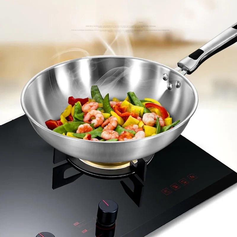 Сковорода Wok 32 см с антипригарным покрытием, не образующая дыма, из нержавеющей стали 304 со стеклянной крышкой, бытовая плита Wok без покрытия, подходит для газовой плиты