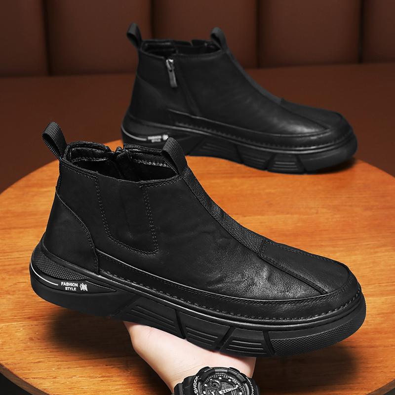 Ботильоны Лоферы Мужские осенние кроссовки Кожаные повседневные туфли Высокие сапоги Модные туфли с круглым носком и высоким берцем, нескользящие туфли Новые