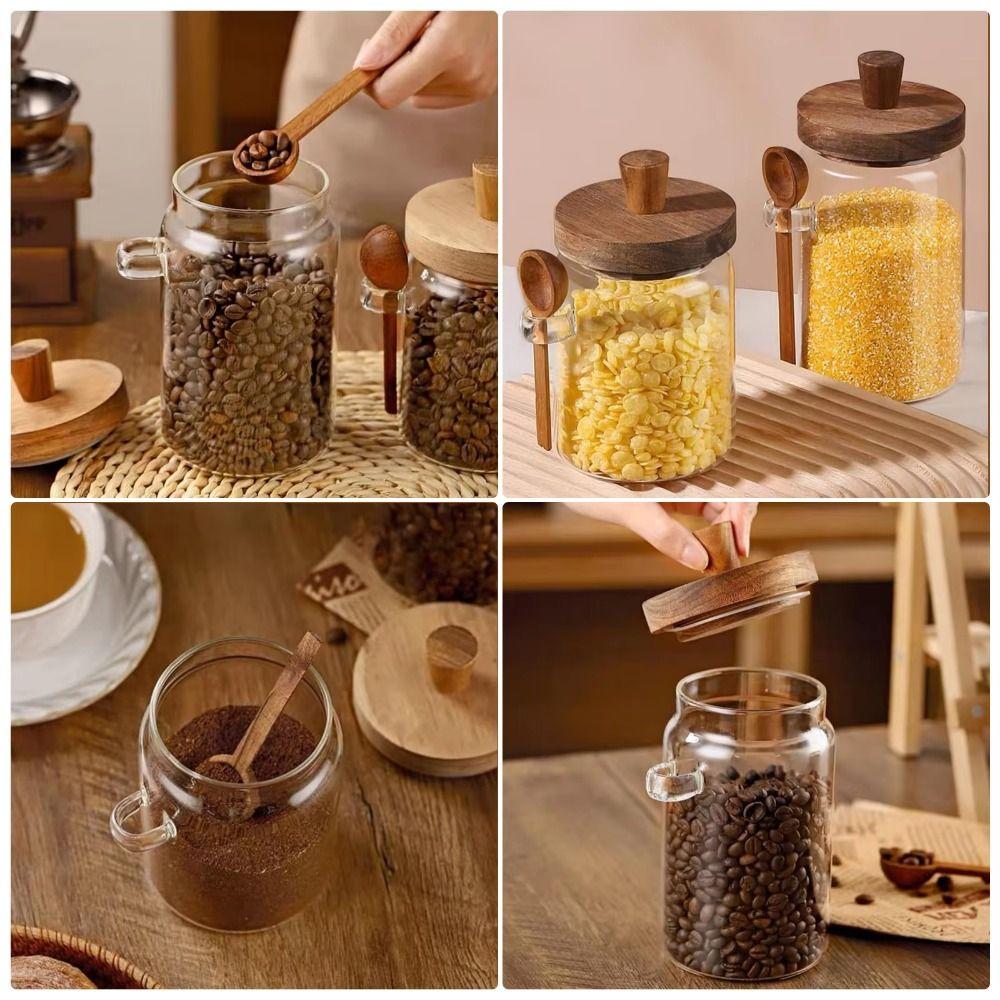 With Wooden Lid Coffee Bean Storage Jar With Wood Spoon Clear Spice Storage Tank Seasoning