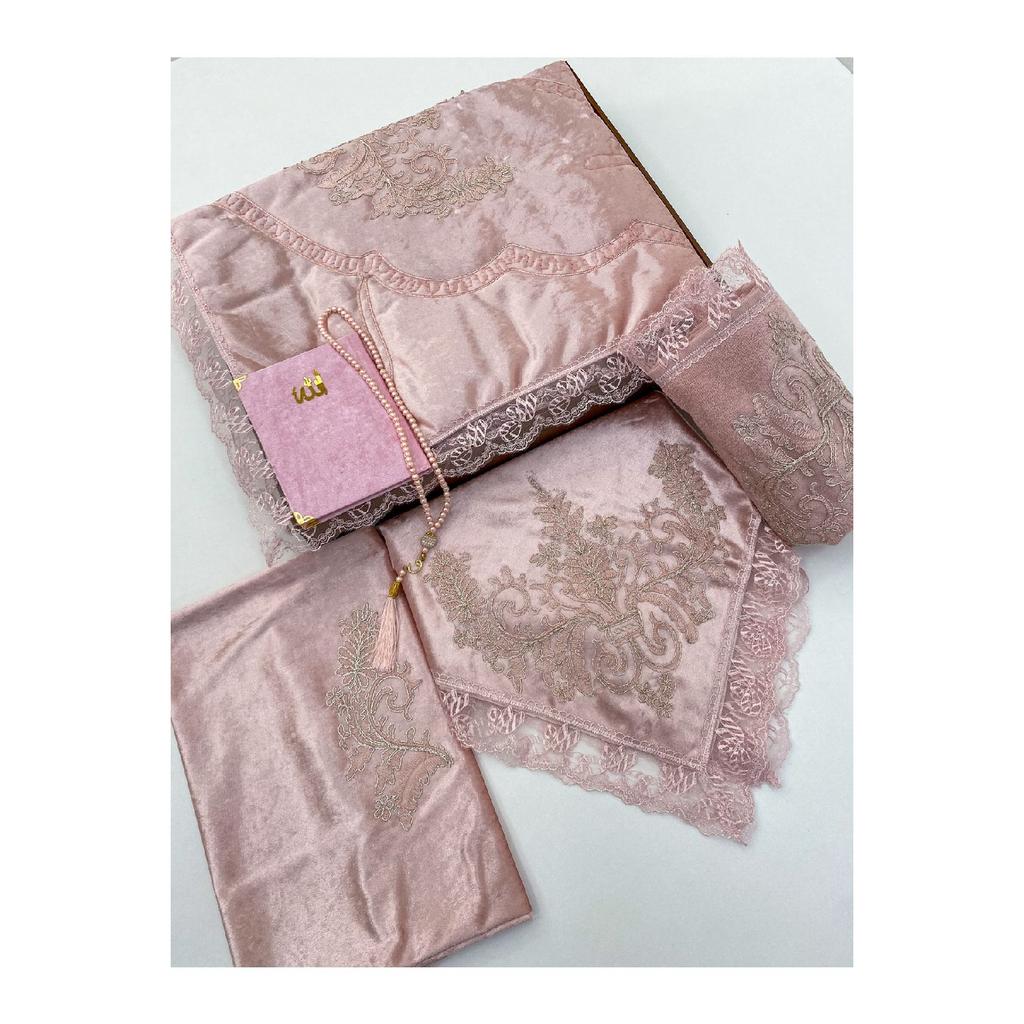 6 Piece Prayer Rug Set, Dowry Bundle Boxed, Velvet Laced Bride And Groom Set