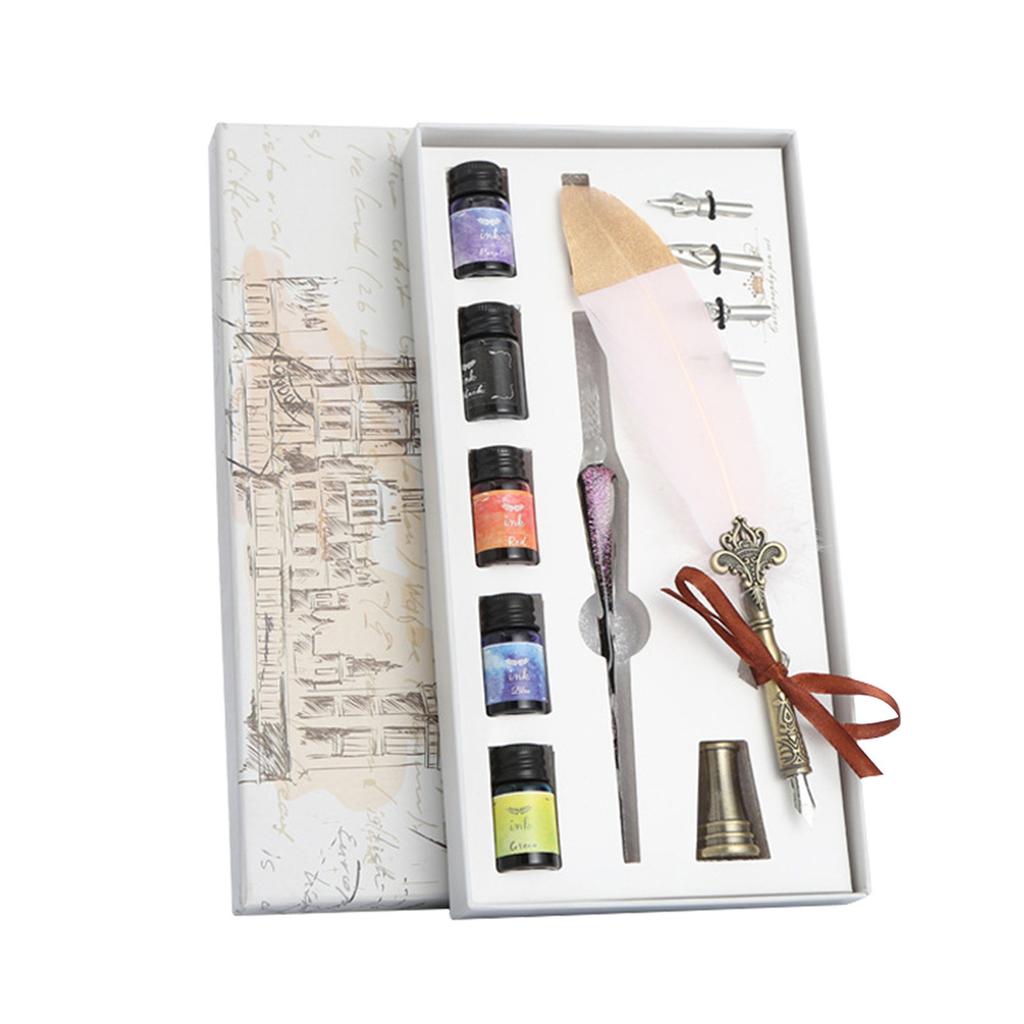 Crystal Dip Pen Feather Set Manual Gradient Color Writing Ink Pen Student Stationery Quill 17ml