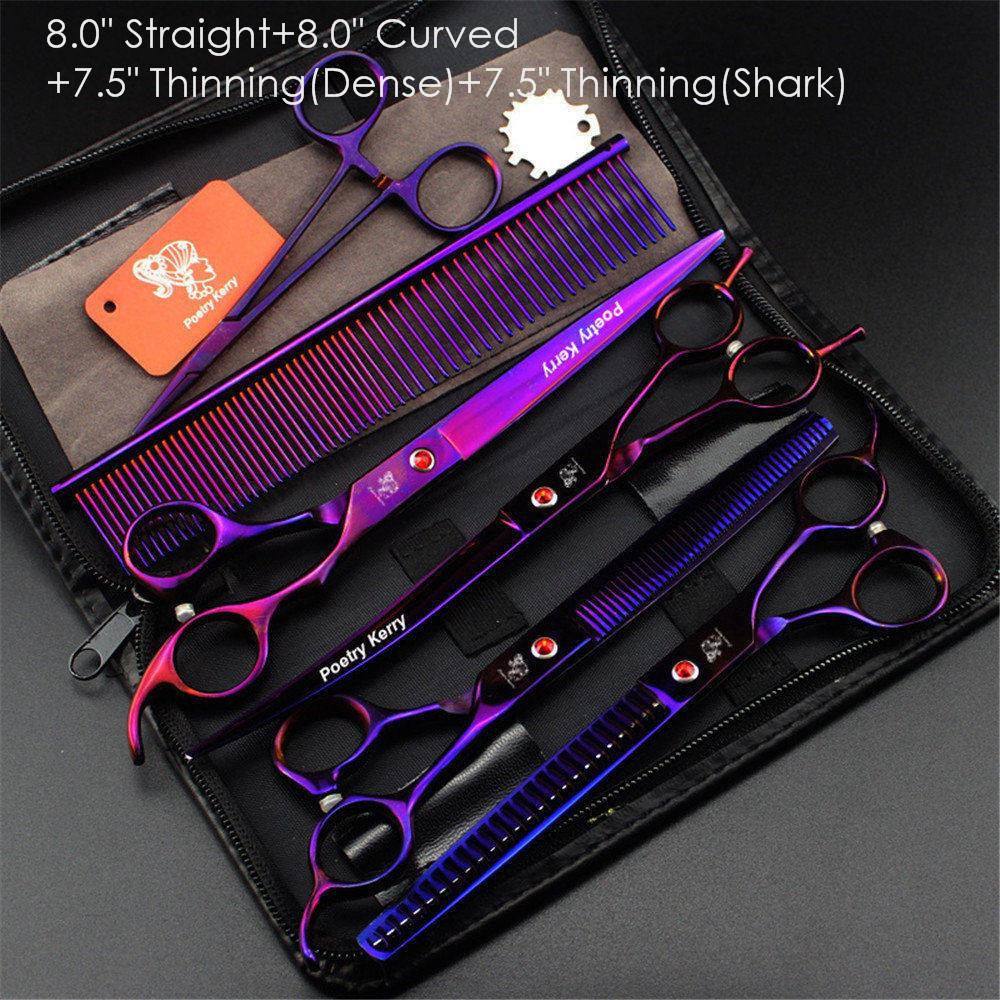 7.0" 8.0 Ch Profional Pet Scissors for Dog Groomg Straight & Thng & Curved Shears FeShark Teeth 4pcsSet +Comb Bag