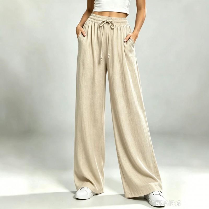 Womens Relaxed Straight Leg Pants Drawstring Elastic Waist Solid Color Casual Trousers