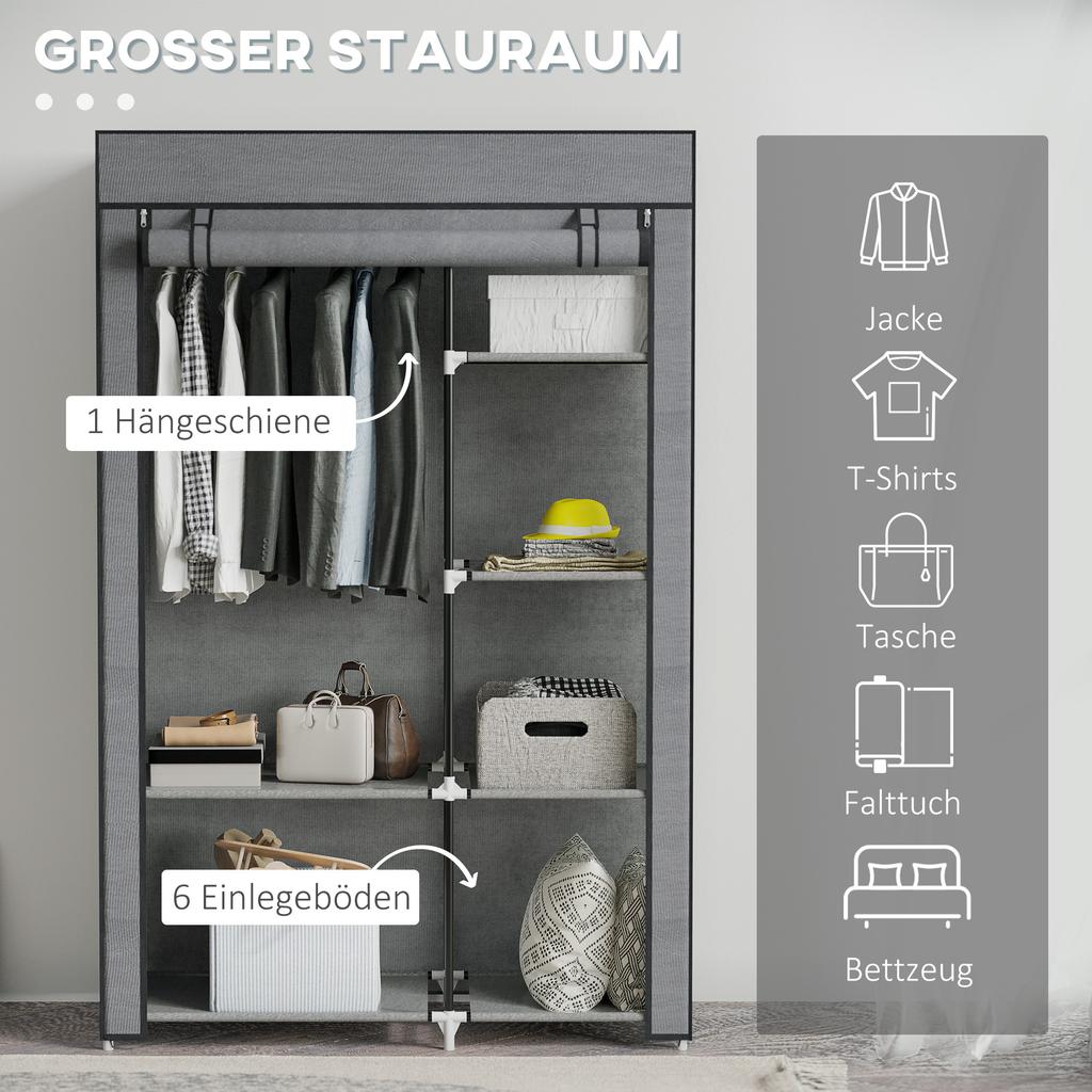 Fabric Wardrobe w/ Shelves Hanging Rail Foldable Wardrobe Dark Grey