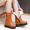 Winter Leather High-tube Plus Velvet Snow Boots, Women's Cotton Shoes, Increased Short Boots, Wedge-heeled Zipper Mid-tube Boots