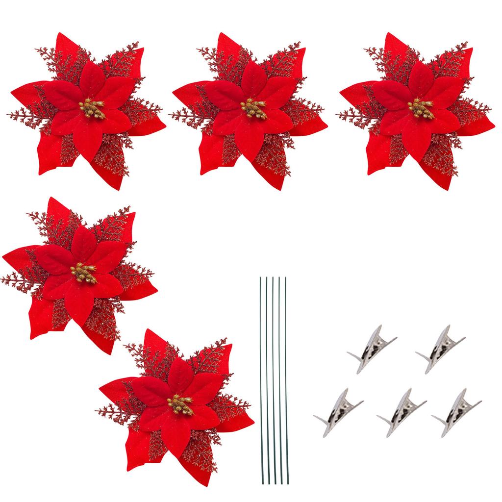 Блестящие рождественские цветы, искусственные цветы, веселые рождественские украшения, украшения для дома, елочные украшения, 5 шт.