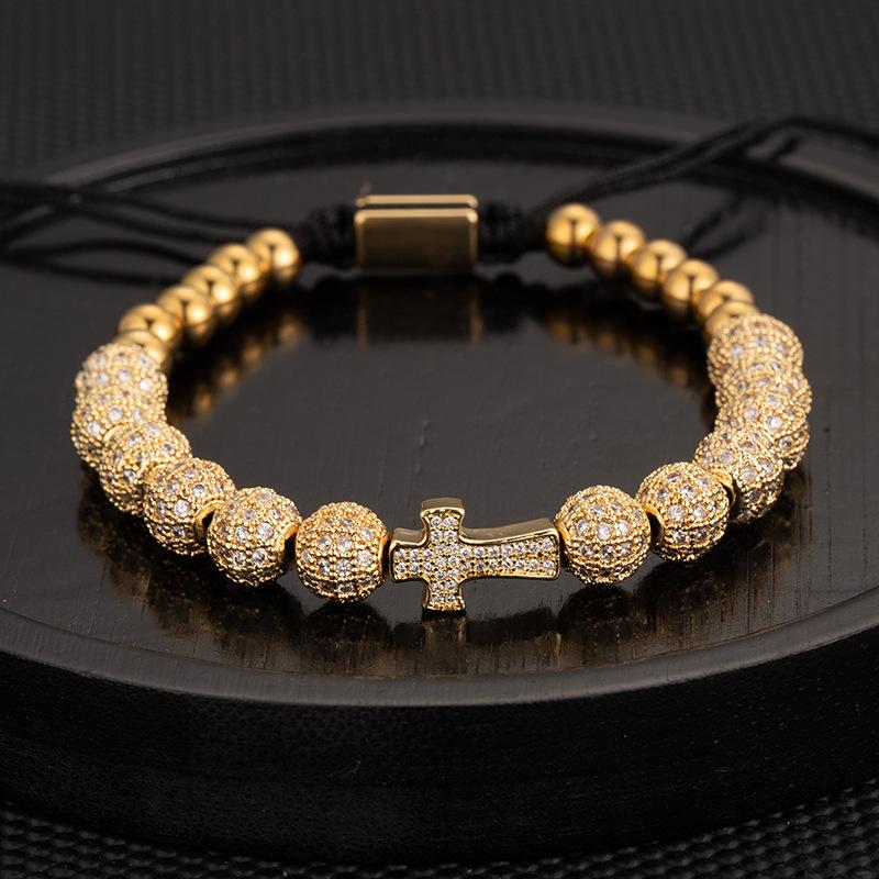 Stainless Steel Hiphop Beaded Bracelet with Channel Set Rhinestone Cross Crown & Geometric Patterns Unisex Gift