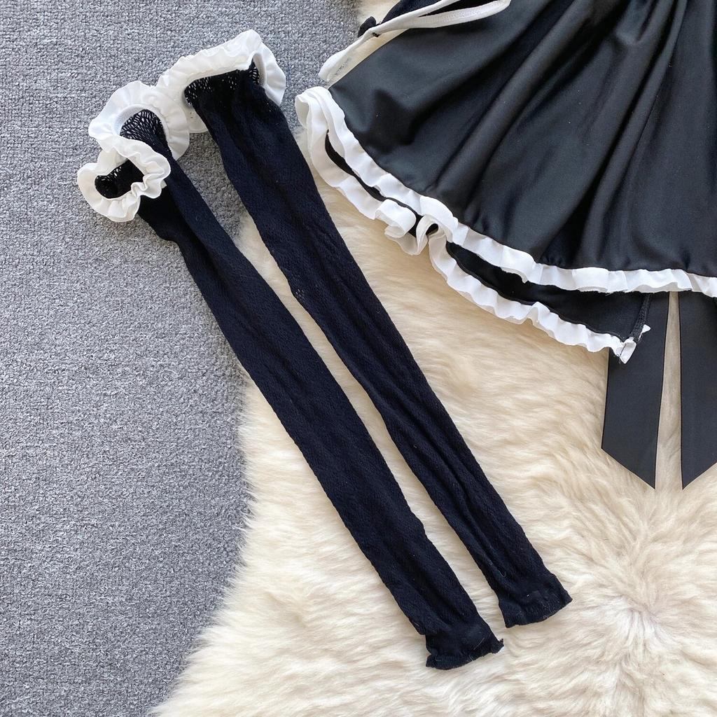 Japanese Cute Cat Erotic Night Dress Women Strapless Slim Bow Backless Nightwear Playsuits Female Hollow Out Sheer Uniform Sexy Pajamas 2024