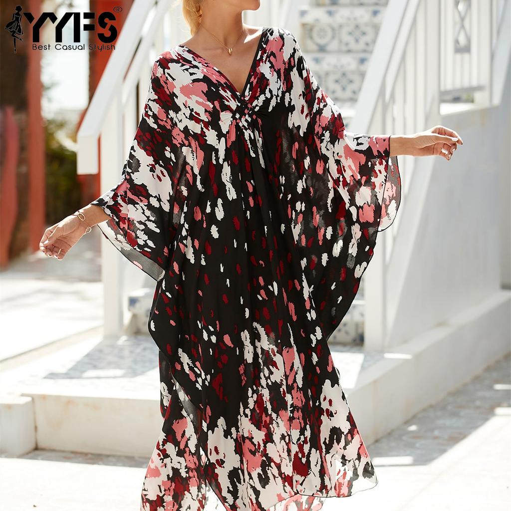 YYFS Женская мода отпуск лето весна черный красный цвет печати с длинным рукавом v-образным вырезом повседневные платья