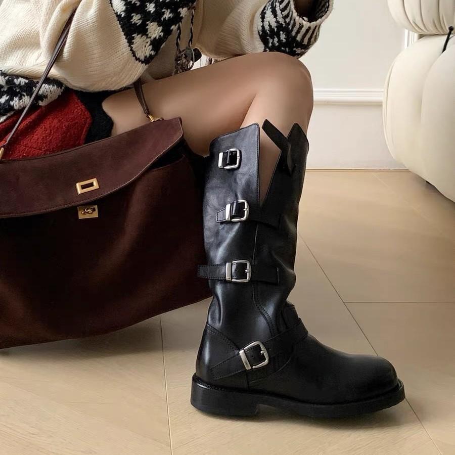 Cowhide Version~ Genuine Leather Retro Two-wear Knight Boots Women's Round Head Thick-soled Medium Boots Belt Buckle Black Martin Boots