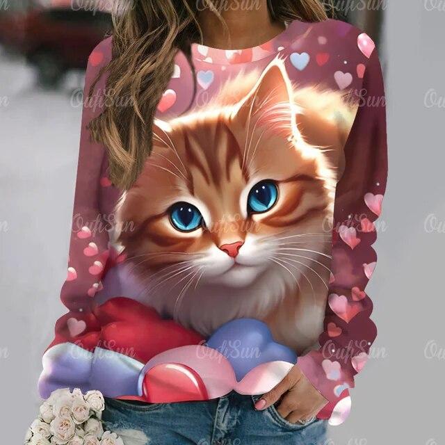 Kawaii женская футболка с забавным рисунком кота, футболка с длинными рукавами, повседневная уличная одежда, женский свитер, новый женский пуловер, одежда, топ