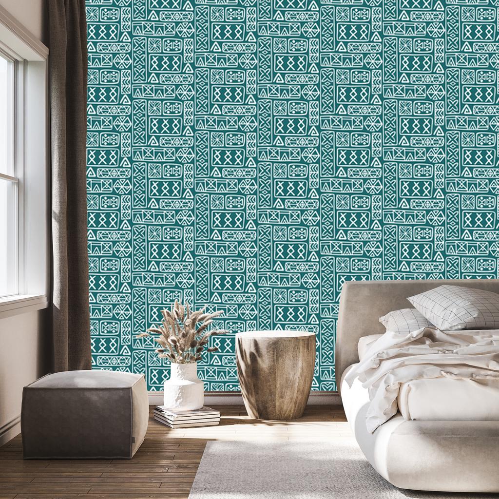 Polynesian Geometric Pattern Turquoise Wallpaper 50x1000