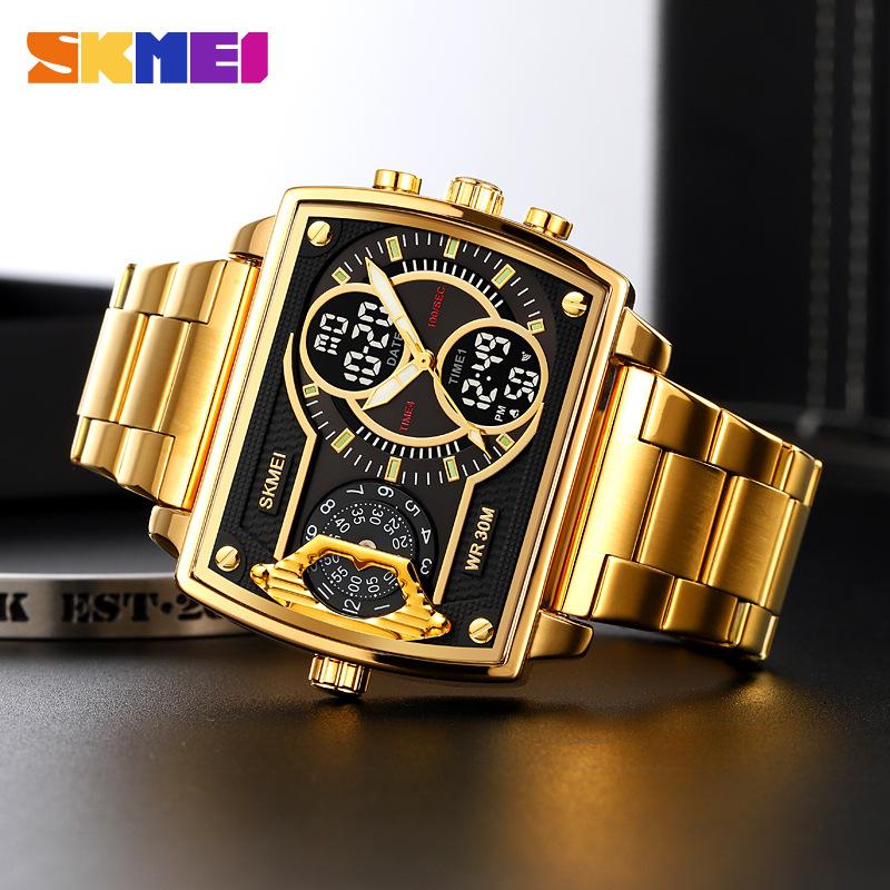 Golden Big Dial Three Time Men Wrist Watches Stainless Steel Men Sports Digital Military Quartz Watch Luminous Male Clock
