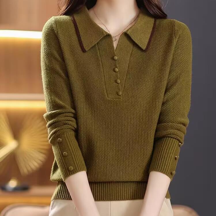 Свитер с лацканами для женщин на осень и зиму, новая трикотажная базовая рубашка, модный свитер для мам