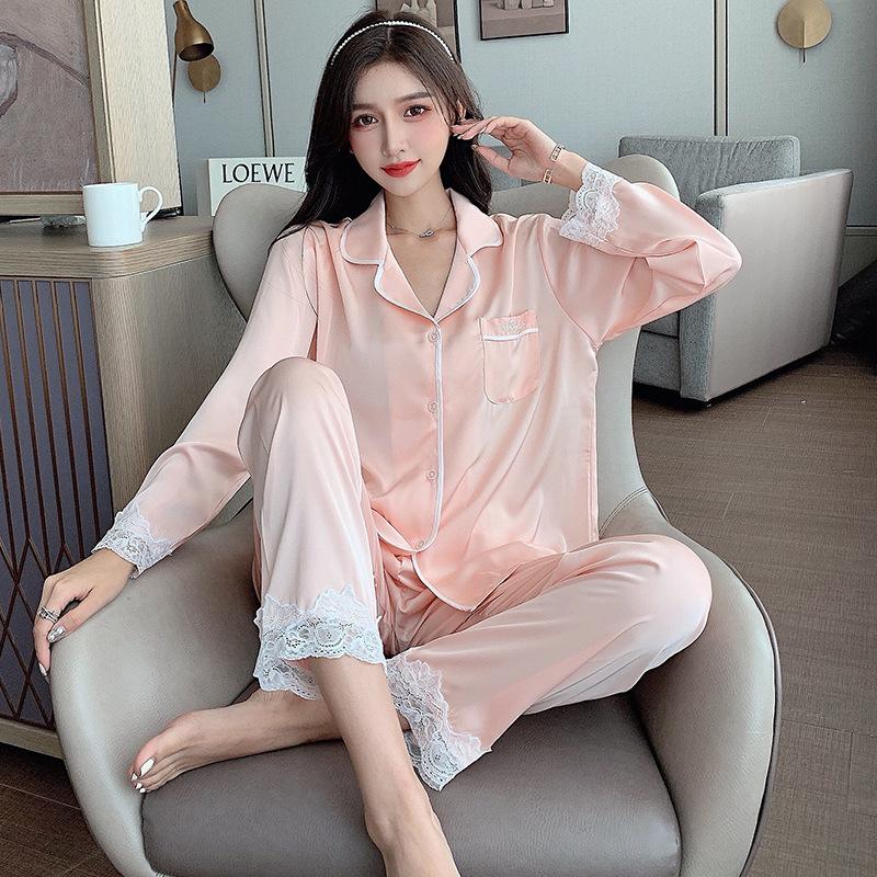 Xiaohongshu popular 1011 new spring and autumn long-sleeved thin lace sweet ice silk two-piece loungewear