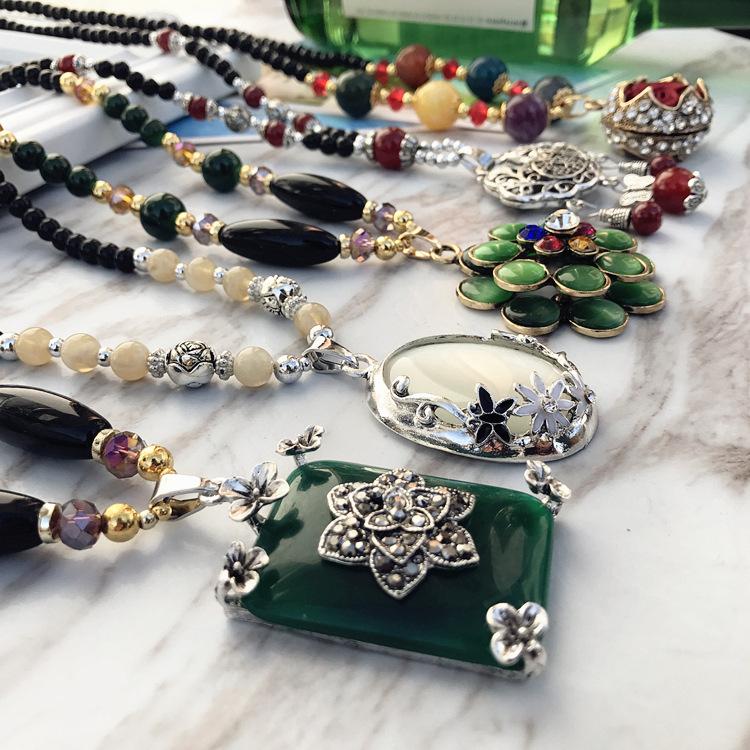 Ожерелье из бисера, длинная винтажная веревка в стиле бохо, ломтик цепи, каменные подвески, богемные этнические женщины