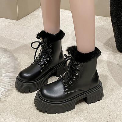 Мотоботы из искусственной кожи женские зимние водонепроницаемые теплые с искусственным мехом женские ботинки на шнуровке на платформе плюшевые до щиколотки женские ботильоны