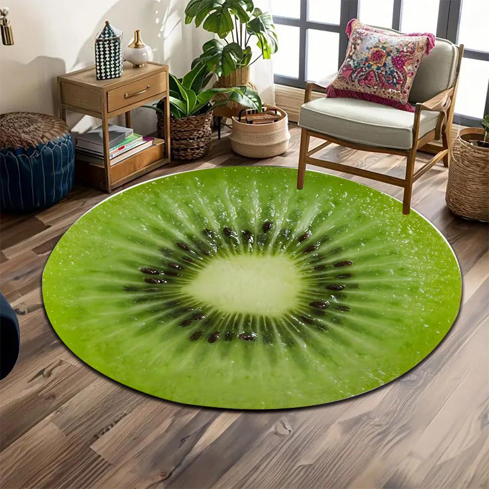 Green Kiwi Slice Design Print round rug, living room, bedroom, playroom carpet, non slip floor mat, gift