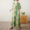 2025 New Summer Plus Size Long Dress Basic Women Casual Vintage Oversized Loose V-Neck Printing Dress