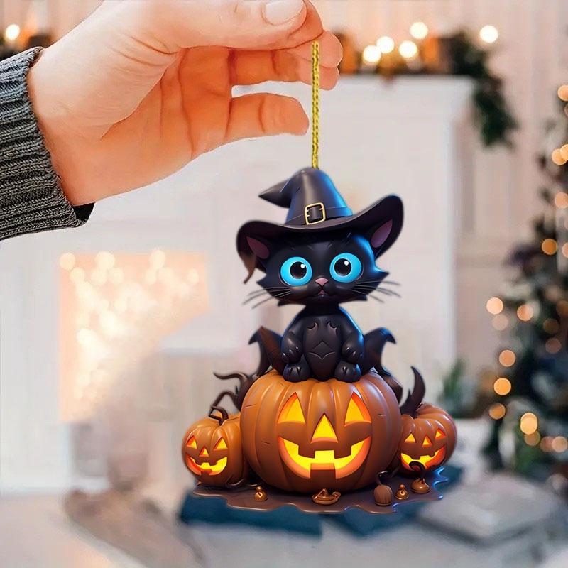 Halloween New Pumpkin Ghost Witch Pendant Girl Flat 2D Rearview Mirror Decoration Night Pendant Keychain Pendant Set Party Decoration