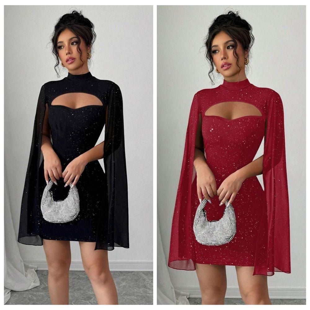 Sparkling Chiffon Cape Red Dress Half Neck Slim Evening Dress Ladies Girl