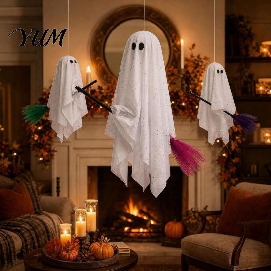 Halloween Hanging Ghost Decorations Outdoor Decoration, Large on Broom, Spooky Porch Decor Flying Gauze for Tree, Porch, Yard, Patio, Outside