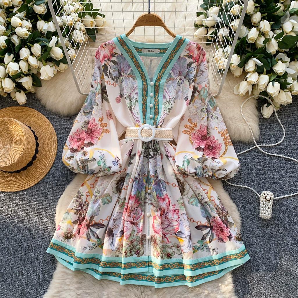 Spring Summer Women Vintage Designer Print Runway Dress V-neck Single Breasted Mini Short Party Dresses with Belt