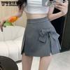 Bow Design High Waist Women A-line Pleated Skirt Grey Suit Skirts Elegant Temperament Sweet Casual Spring Summer Korean Fashion