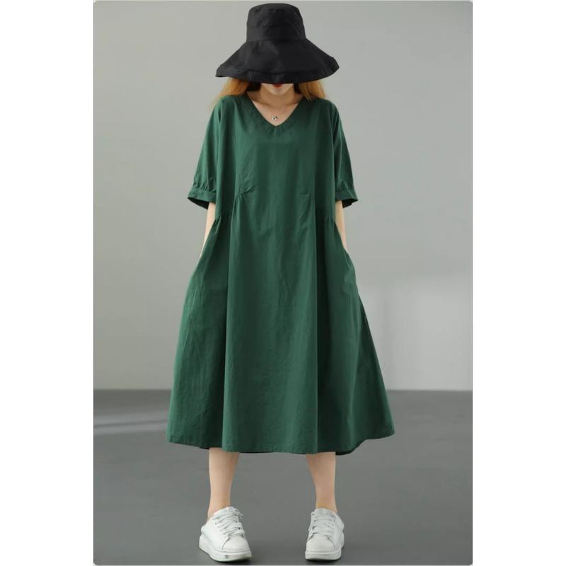 DIMANAF 2025 Весеннее однотонное платье Женское повседневное винтажное длинное платье Свободное базовое зеленое черное оранжевое платье