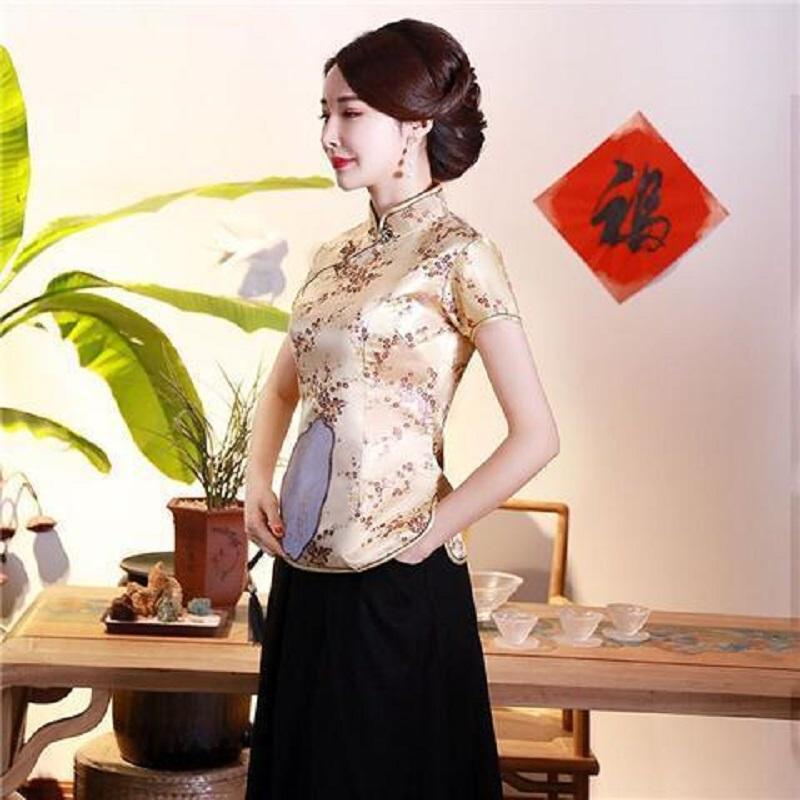 Винтажная женская китайская традиционная атласная блузка с цветочным принтом, летняя сексуальная рубашка, новинка, одежда с драконом, большие размеры