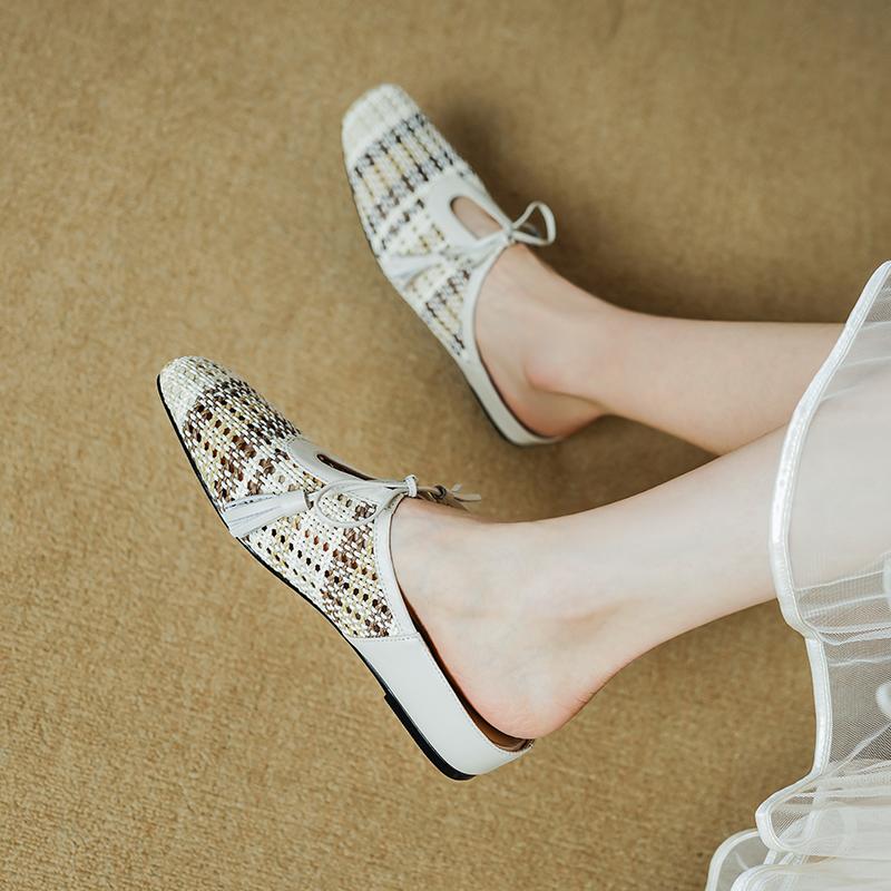 Мода 2025 Снаружи НОВЫЕ Летние Женские Мюли Женские Тапочки Лаконичные С закрытым носком С ремешком на пятке Круглый носок Низкий каблук Плетеные Современные Сандалии