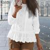 Women Vintage Round Neck 3/4 Sleeve Lace Hollow Blouses