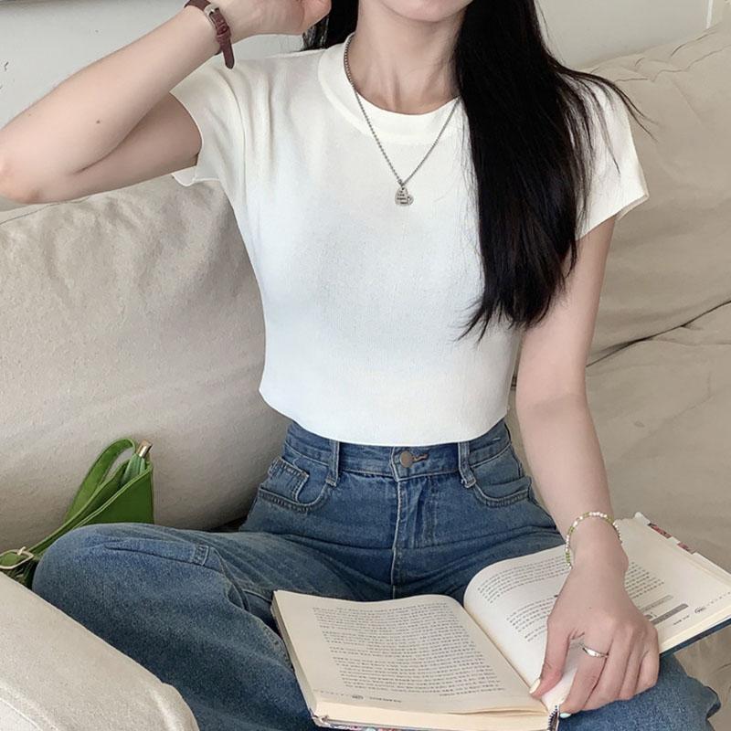 Женская летняя повседневная футболка с коротким рукавом и круглым вырезом, однотонная футболка с голым животом, укороченный топ