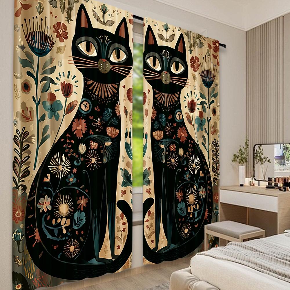 Набор из 2 плотных печатных штор с изображением Цветочный Кошачий Дуэт, полиэстеровые шторы с цифровой печатью, для всех сезонов, декор для вечеринок и праздников, идеальные