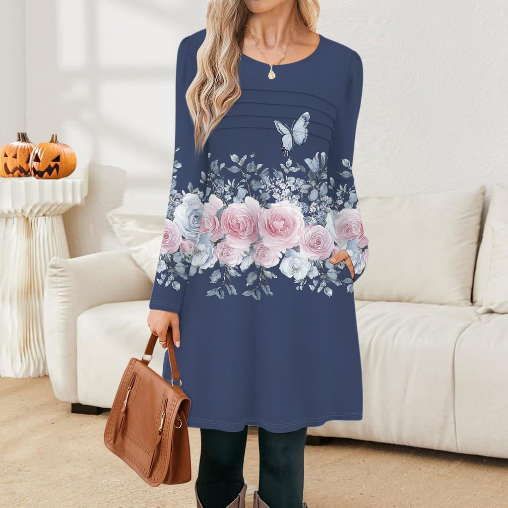 Женские повседневные модные платья с длинным рукавом, с графическим принтом, винтажные, с карманами